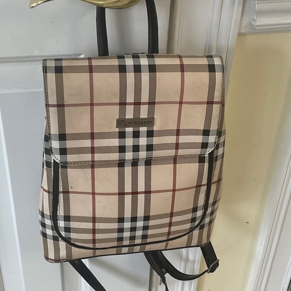 Burberry Handbags - Burberry Beige Plaid Canvas Backpack with Black Accents